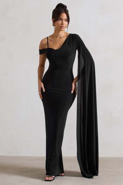Pedra Black Asymmetric Draped Maxi Dress With Sash-Fashionmomo.All Rights Reserved