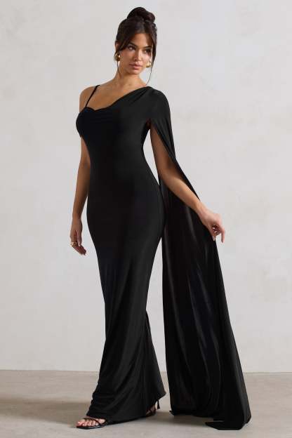 Pedra Black Asymmetric Draped Maxi Dress With Sash-Fashionmomo.All Rights Reserved
