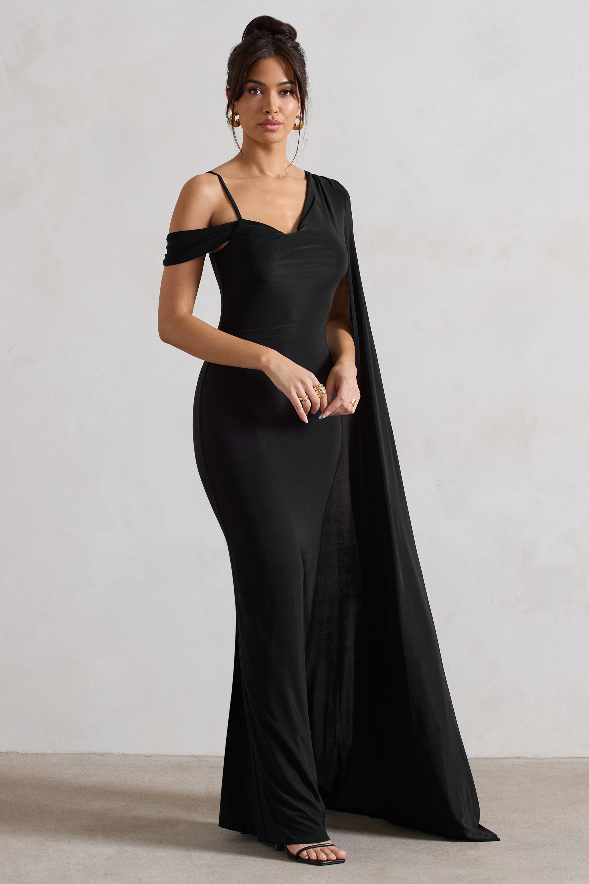 Pedra Black Asymmetric Draped Maxi Dress With Sash-Fashionmomo.All Rights Reserved