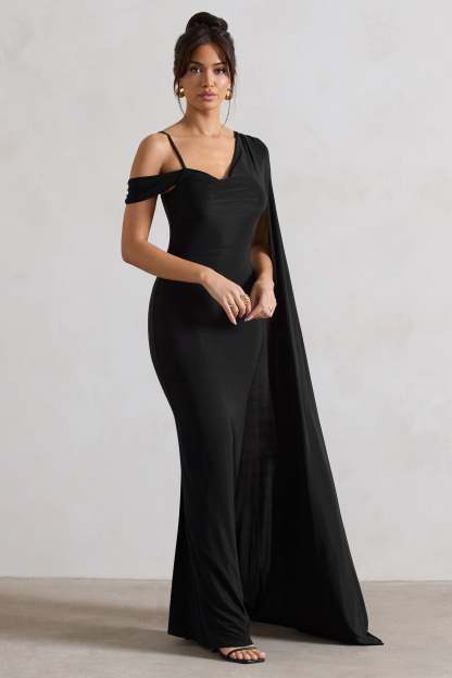Pedra Black Asymmetric Draped Maxi Dress With Sash-Fashionmomo.All Rights Reserved