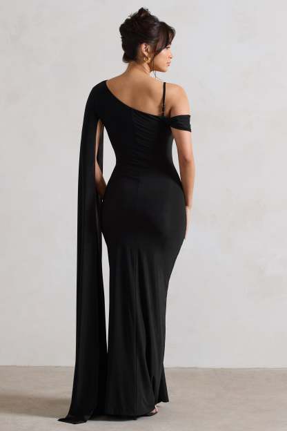 Pedra Black Asymmetric Draped Maxi Dress With Sash-Fashionmomo.All Rights Reserved
