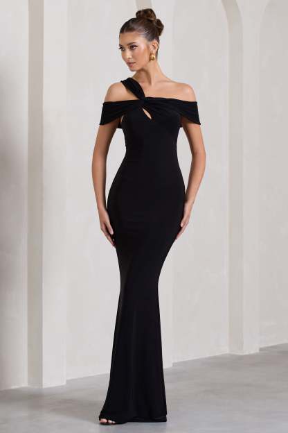 Captivating Black Strappy Asymmetric Cut-Out Maxi Dress-Fashionmomo.All Rights Reserved