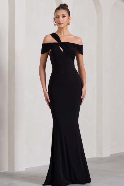 Captivating Black Strappy Asymmetric Cut-Out Maxi Dress-Fashionmomo.All Rights Reserved