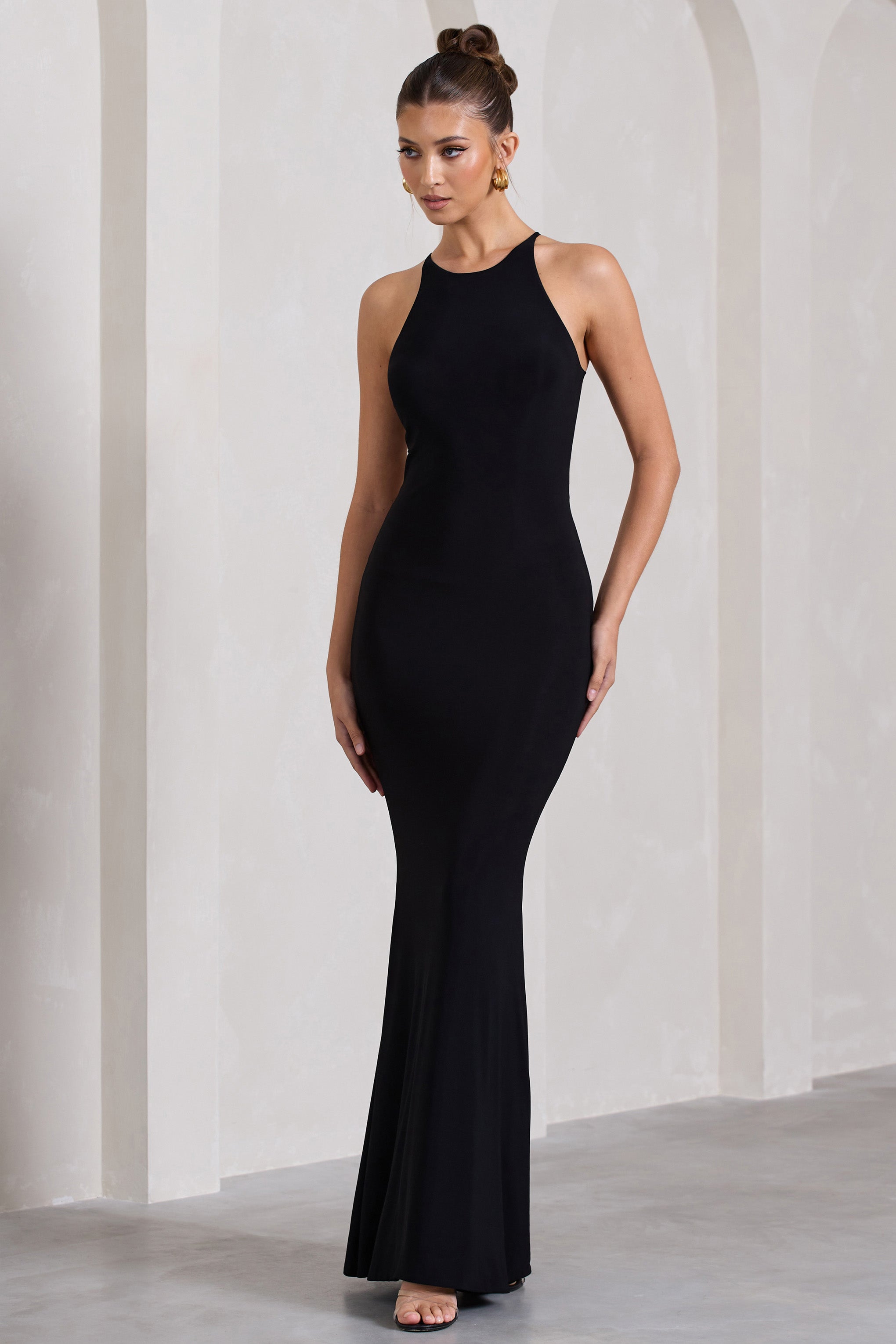 Brianna Black Sleeveless Halter-Neck Open-Back Maxi Dress-Fashionmomo.All Rights Reserved