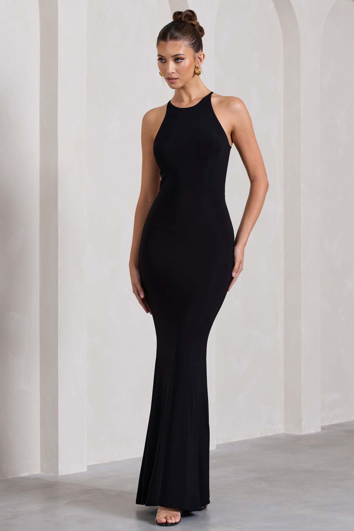 Brianna Black Sleeveless Halter-Neck Open-Back Maxi Dress-Fashionmomo.All Rights Reserved