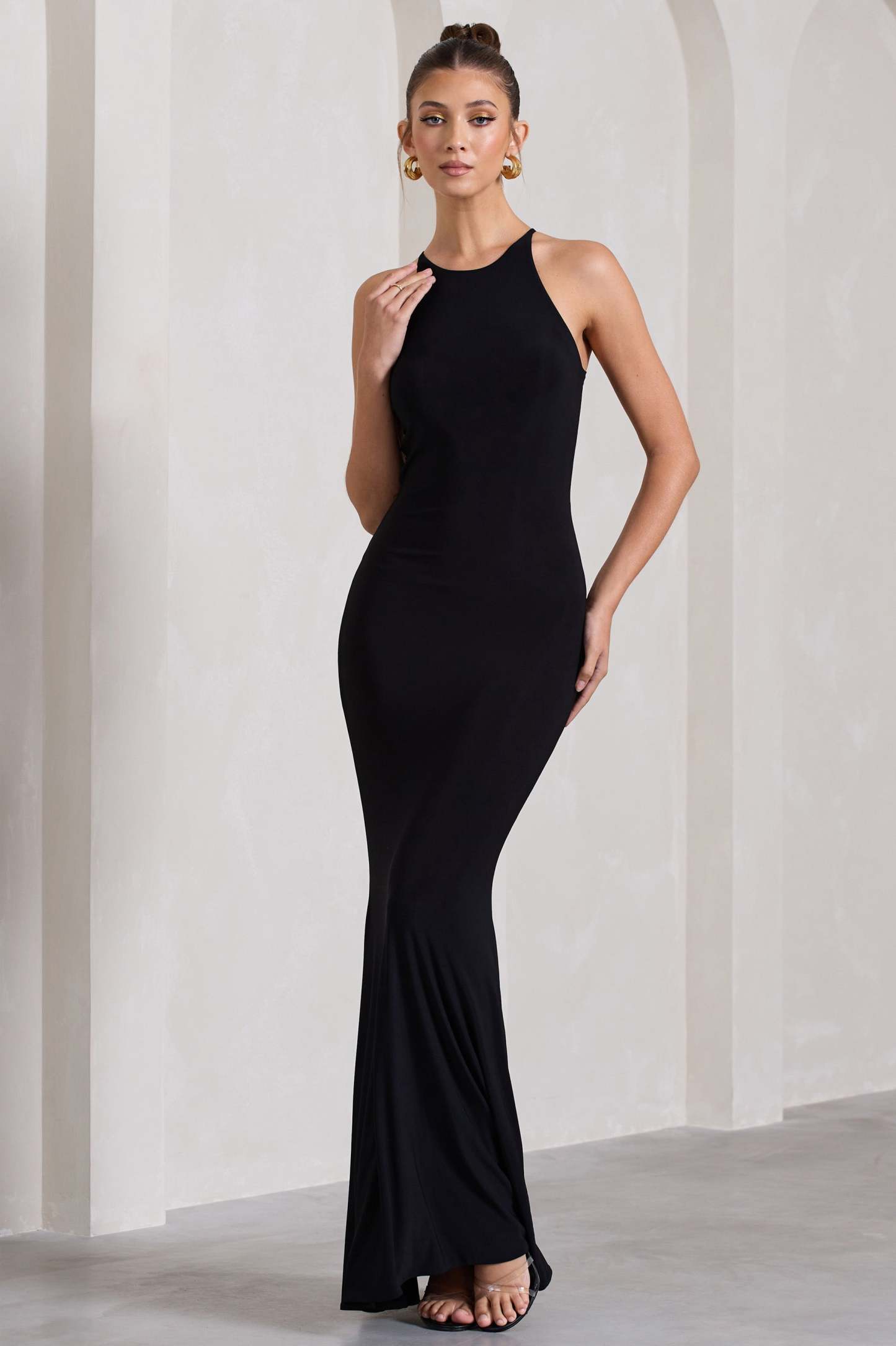 Brianna Black Sleeveless Halter-Neck Open-Back Maxi Dress-Fashionmomo.All Rights Reserved