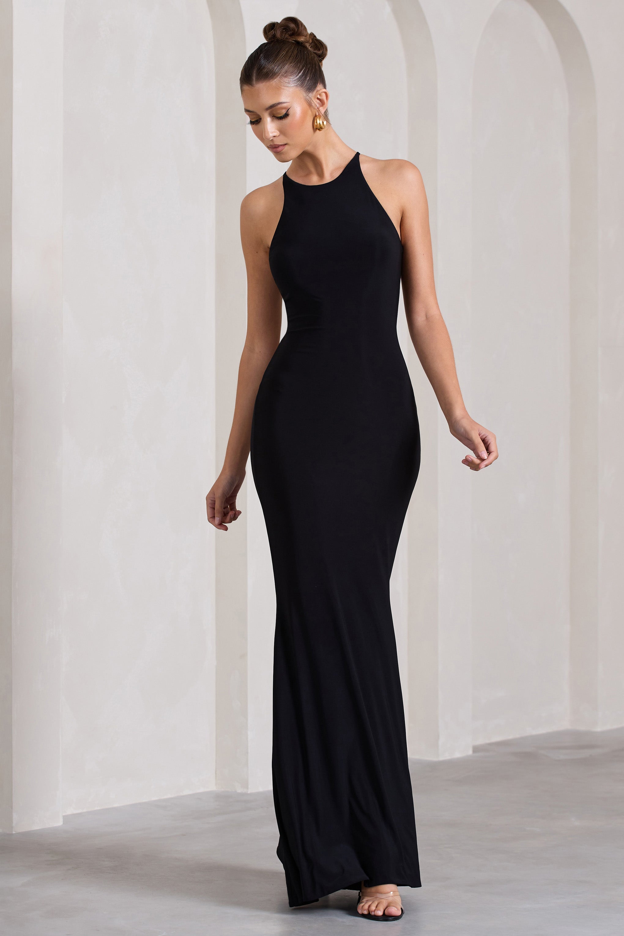 Brianna Black Sleeveless Halter-Neck Open-Back Maxi Dress-Fashionmomo.All Rights Reserved