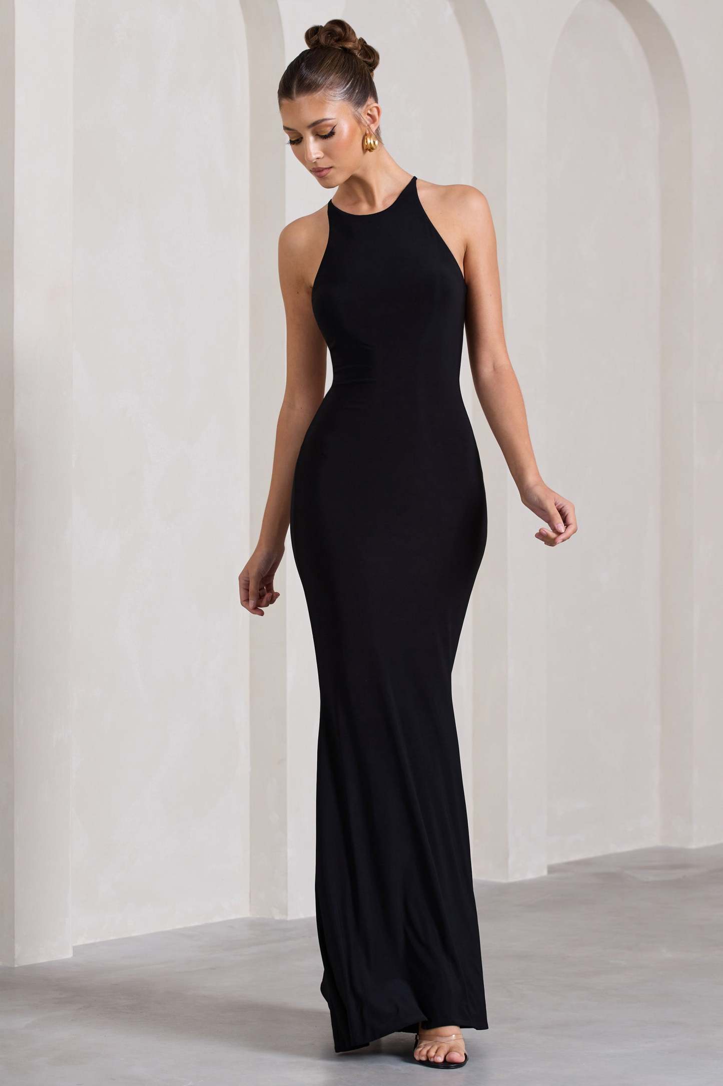 Brianna Black Sleeveless Halter-Neck Open-Back Maxi Dress-Fashionmomo.All Rights Reserved