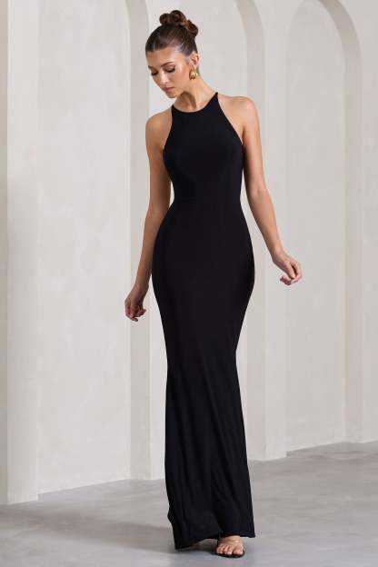 Brianna Black Sleeveless Halter-Neck Open-Back Maxi Dress-Fashionmomo.All Rights Reserved