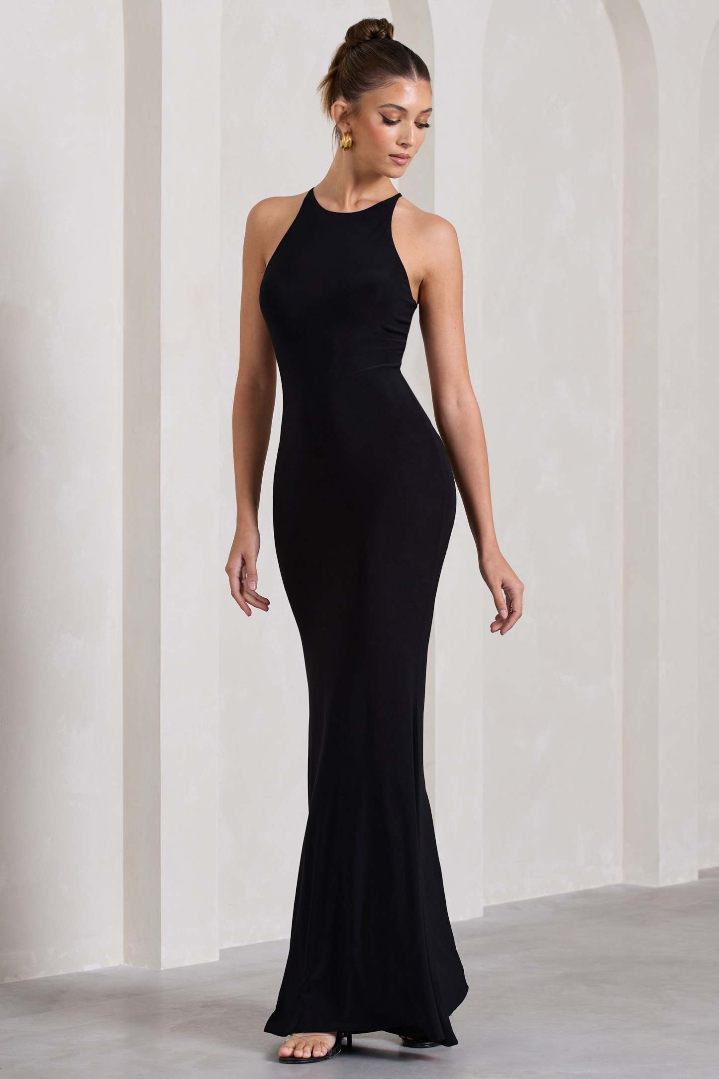 Brianna Black Sleeveless Halter-Neck Open-Back Maxi Dress-Fashionmomo.All Rights Reserved