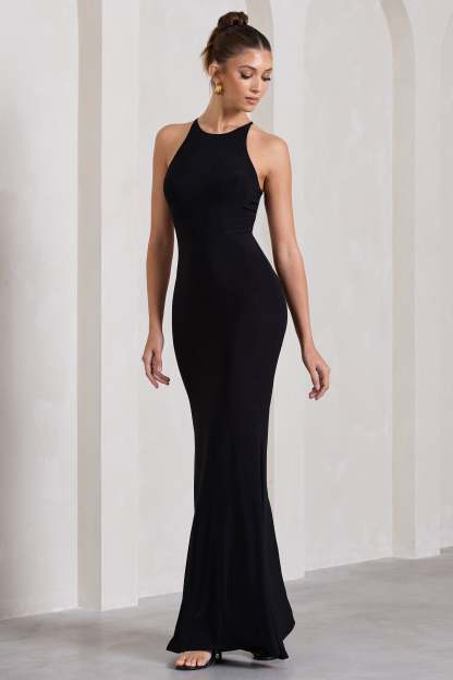 Brianna Black Sleeveless Halter-Neck Open-Back Maxi Dress-Fashionmomo.All Rights Reserved