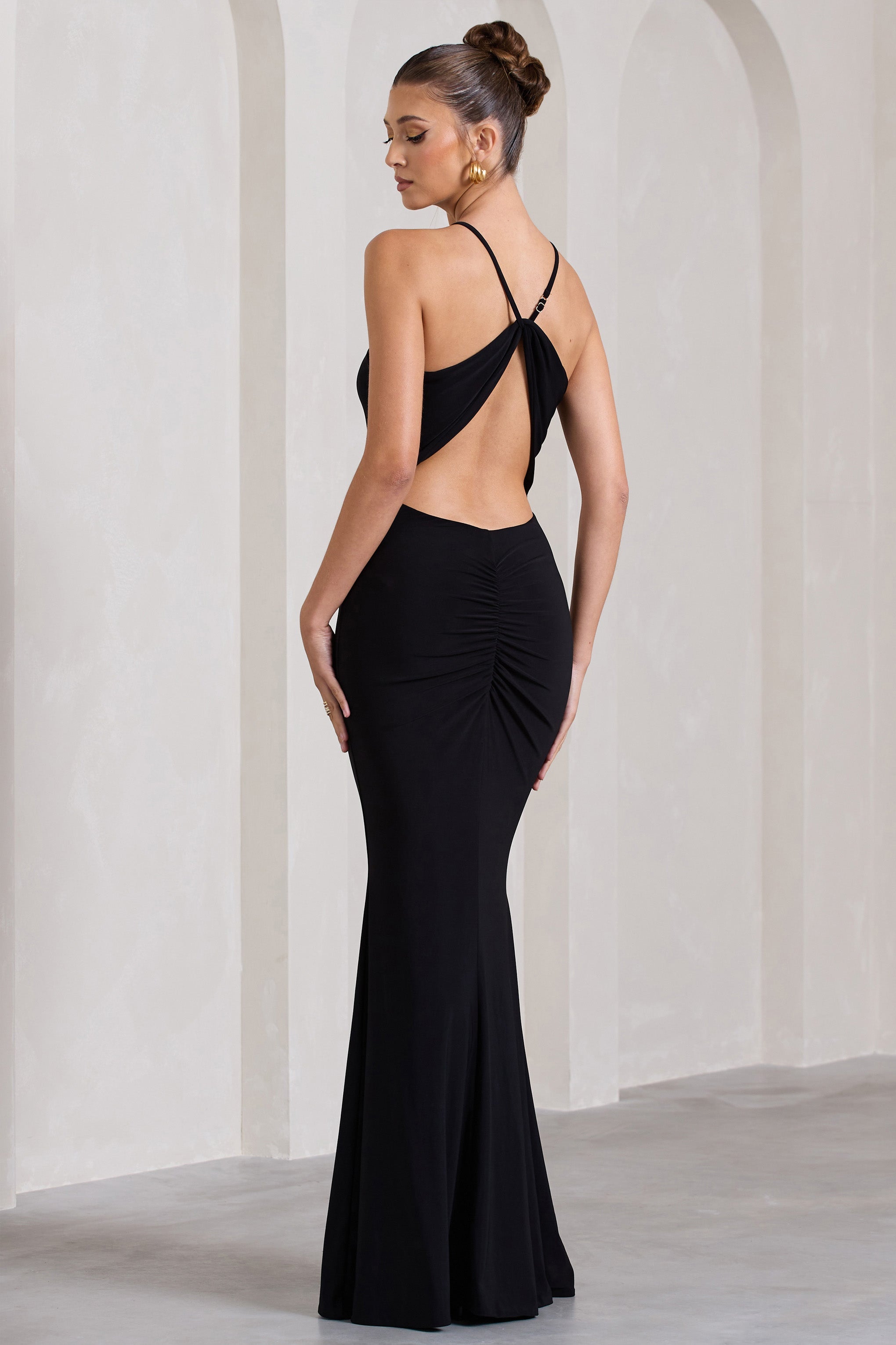 Brianna Black Sleeveless Halter-Neck Open-Back Maxi Dress-Fashionmomo.All Rights Reserved
