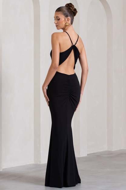 Brianna Black Sleeveless Halter-Neck Open-Back Maxi Dress-Fashionmomo.All Rights Reserved