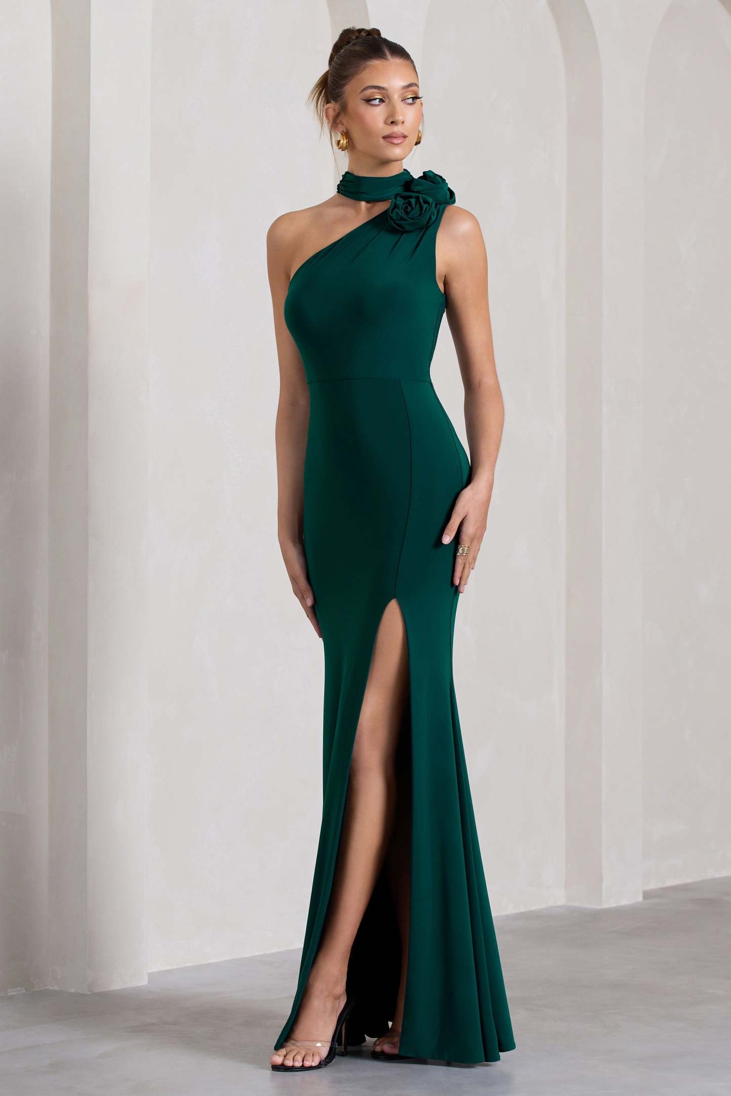 In Suspense Bottle Green Asymmetric Halter-Neck Split Maxi Dress With Flower-Fashionmomo.All Rights Reserved