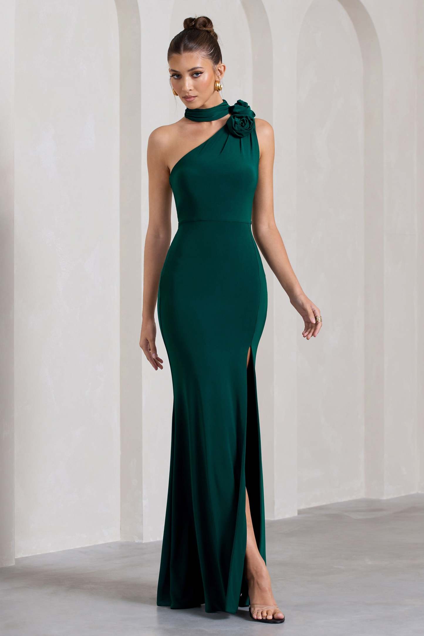 In Suspense Bottle Green Asymmetric Halter-Neck Split Maxi Dress With Flower-Fashionmomo.All Rights Reserved