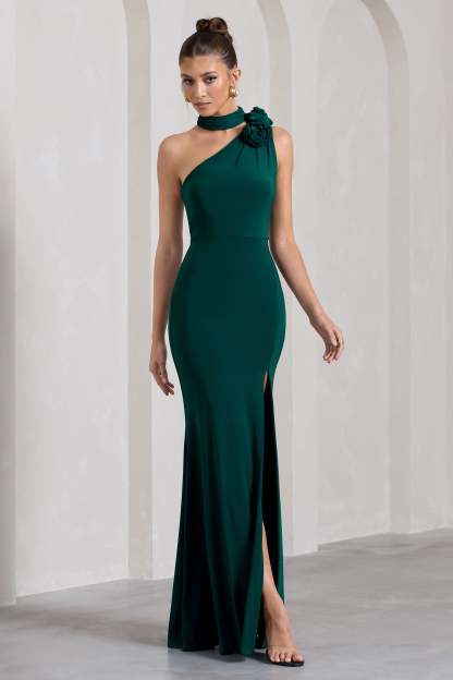 In Suspense Bottle Green Asymmetric Halter-Neck Split Maxi Dress With Flower-Fashionmomo.All Rights Reserved