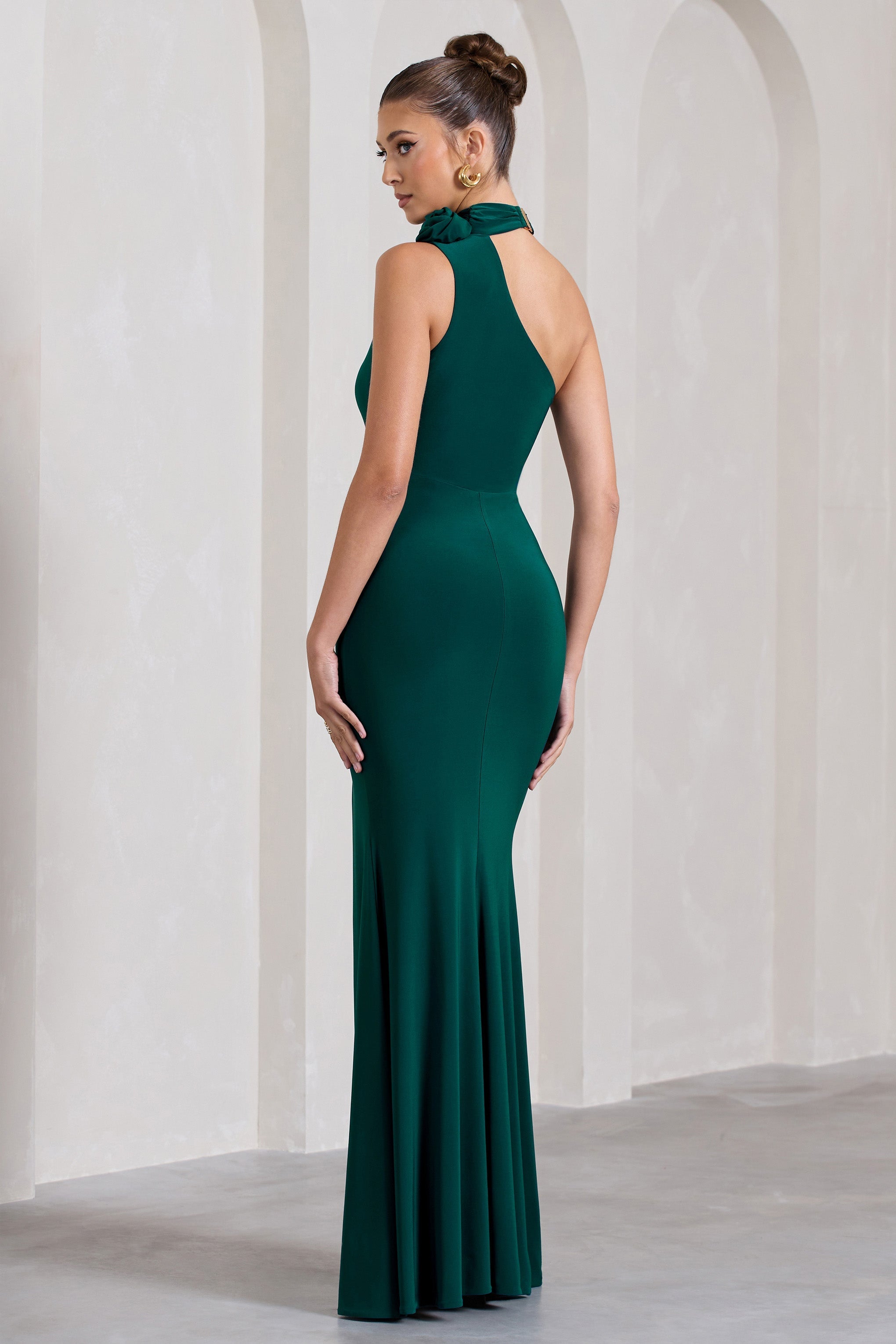 In Suspense Bottle Green Asymmetric Halter-Neck Split Maxi Dress With Flower-Fashionmomo.All Rights Reserved