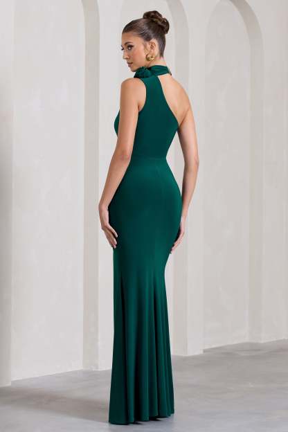In Suspense Bottle Green Asymmetric Halter-Neck Split Maxi Dress With Flower-Fashionmomo.All Rights Reserved