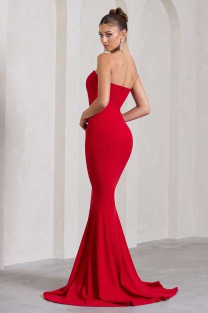Impress Me Red Strapless Bandeau Fishtail Maxi Dress-Fashionmomo.All Rights Reserved