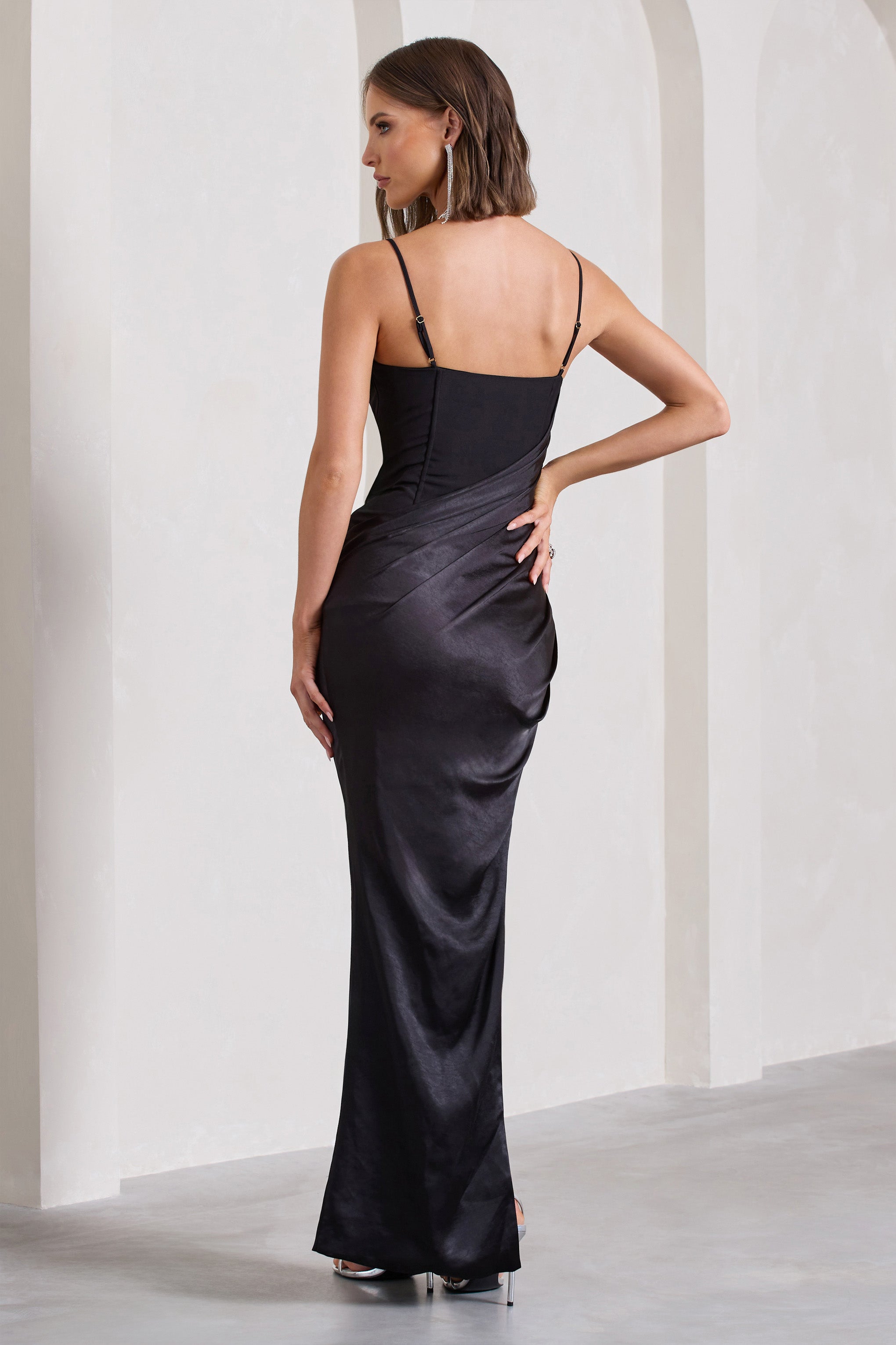 In Attendance Black Satin Draped Corset Split Maxi Dress-Fashionmomo.All Rights Reserved