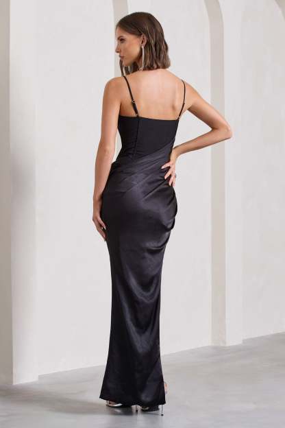 In Attendance Black Satin Draped Corset Split Maxi Dress-Fashionmomo.All Rights Reserved