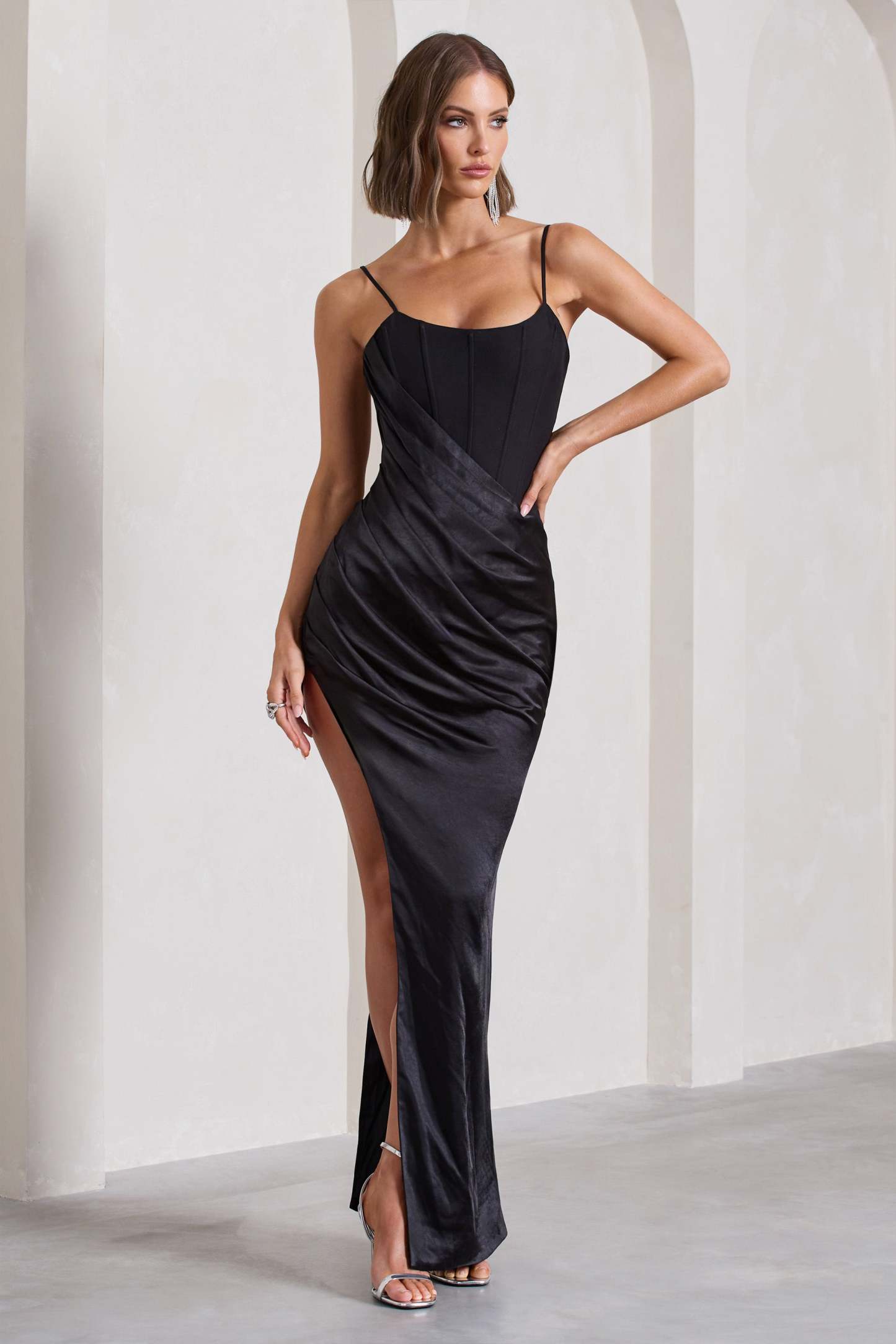 In Attendance Black Satin Draped Corset Split Maxi Dress-Fashionmomo.All Rights Reserved