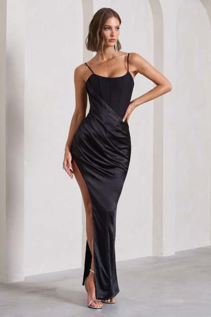 In Attendance Black Satin Draped Corset Split Maxi Dress-Fashionmomo.All Rights Reserved