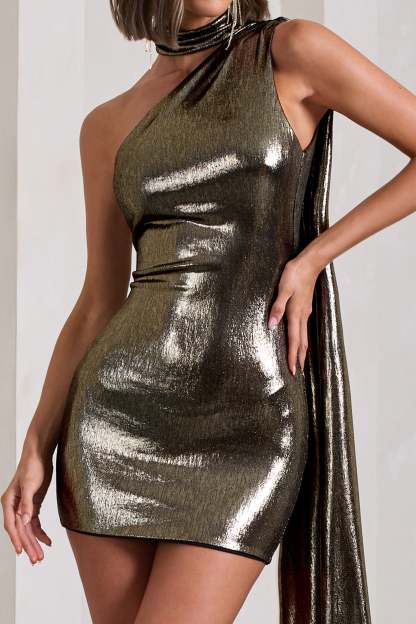 Blaze Gold Metallic Asymmetric Scarf-Neck Backless Mini Dress-Fashionmomo.All Rights Reserved