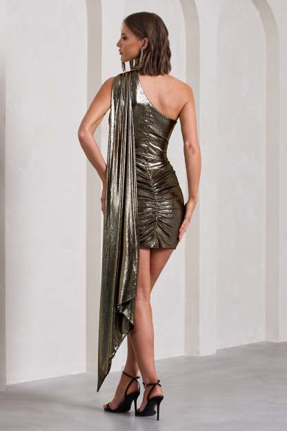 Blaze Gold Metallic Asymmetric Scarf-Neck Backless Mini Dress-Fashionmomo.All Rights Reserved