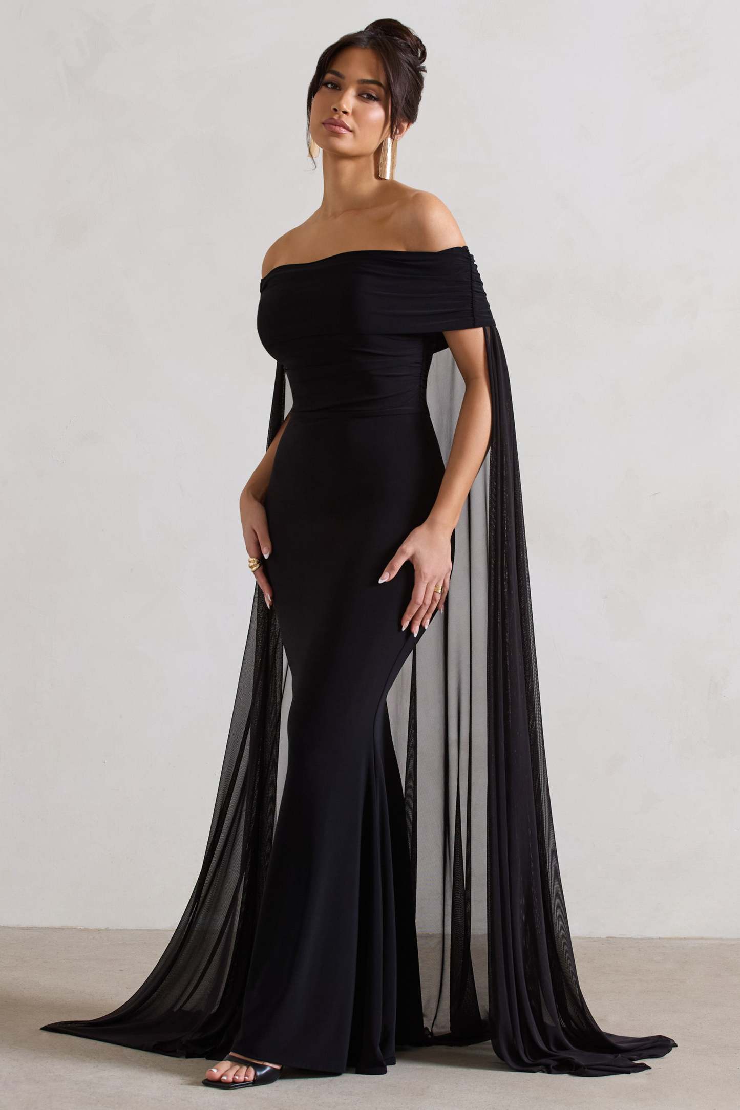 Carlotta Black Bardot Maxi Dress With Chiffon Cape-Fashionmomo.All Rights Reserved