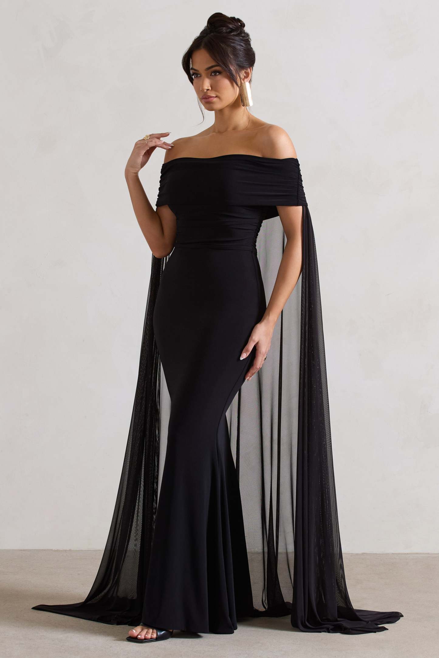 Carlotta Black Bardot Maxi Dress With Chiffon Cape-Fashionmomo.All Rights Reserved