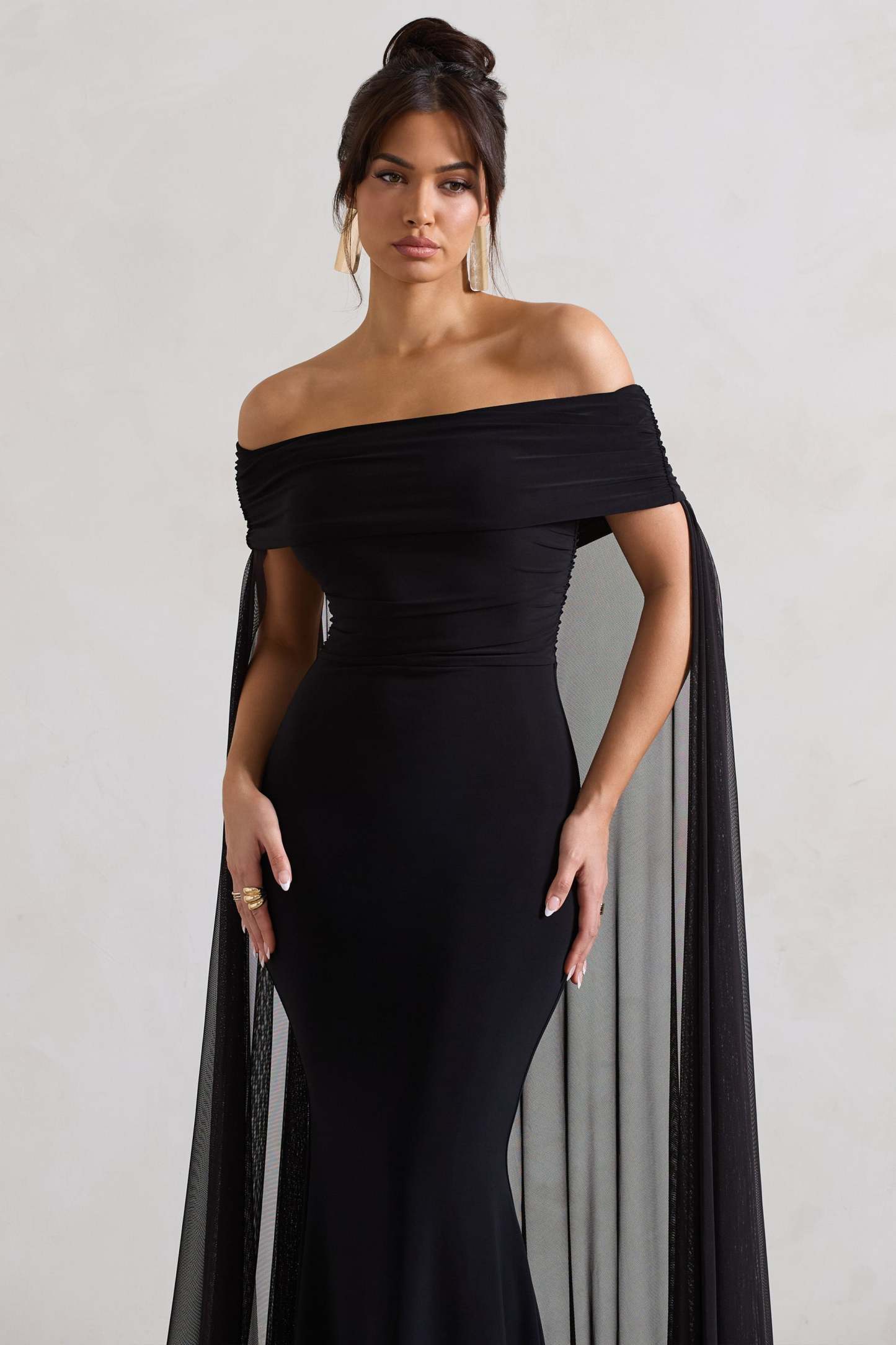 Carlotta Black Bardot Maxi Dress With Chiffon Cape-Fashionmomo.All Rights Reserved