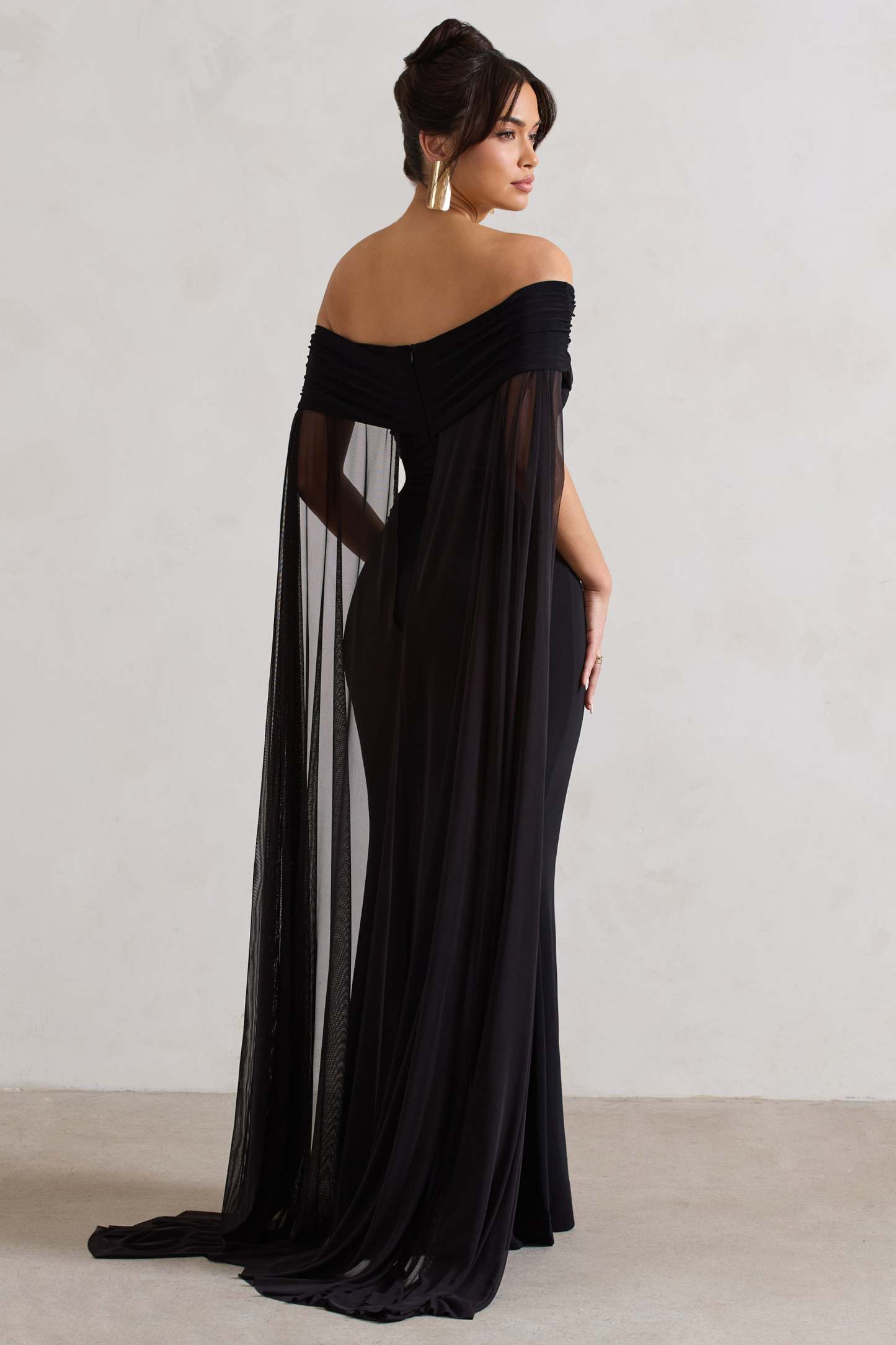 Carlotta Black Bardot Maxi Dress With Chiffon Cape-Fashionmomo.All Rights Reserved