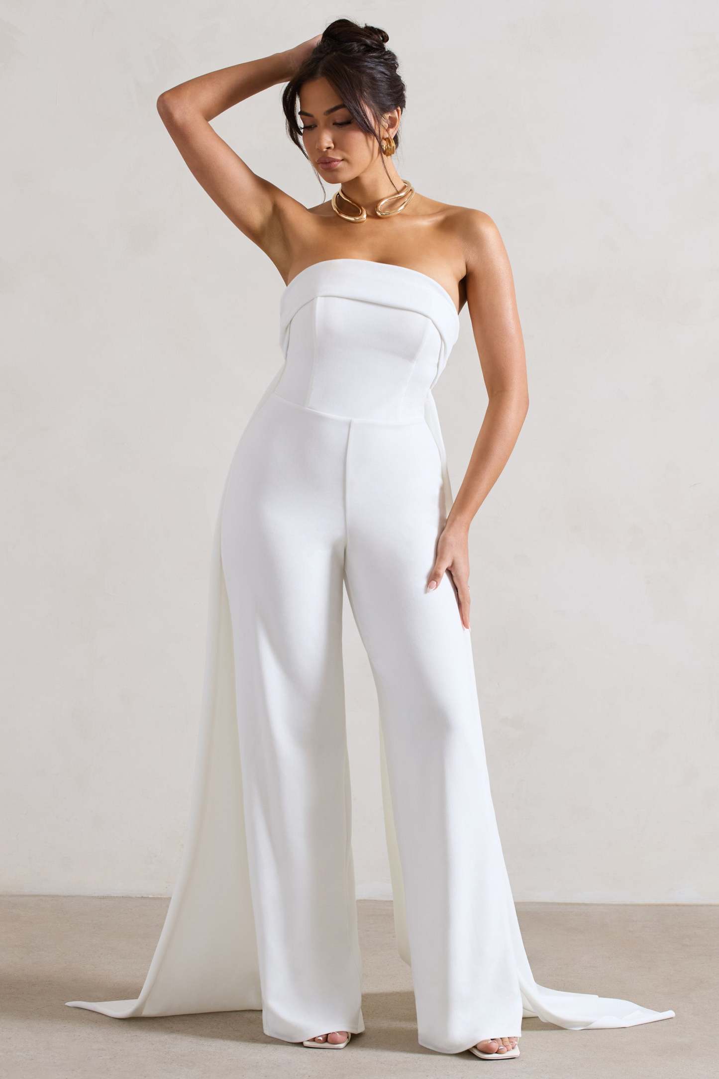Amaya White Bandeau Wide-Leg Jumpsuit With Cape-Fashionmomo.All Rights Reserved