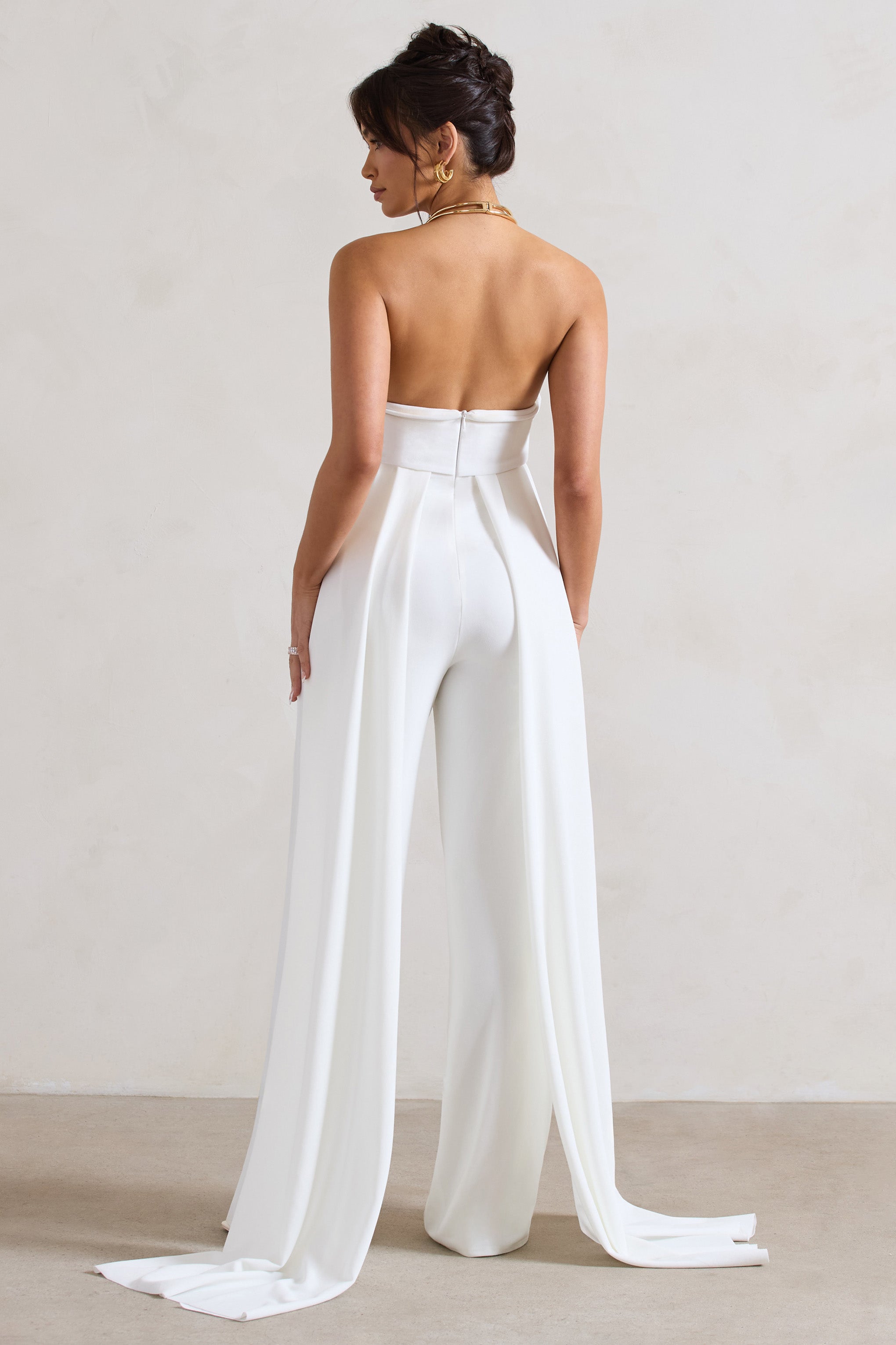 Amaya White Bandeau Wide-Leg Jumpsuit With Cape-Fashionmomo.All Rights Reserved