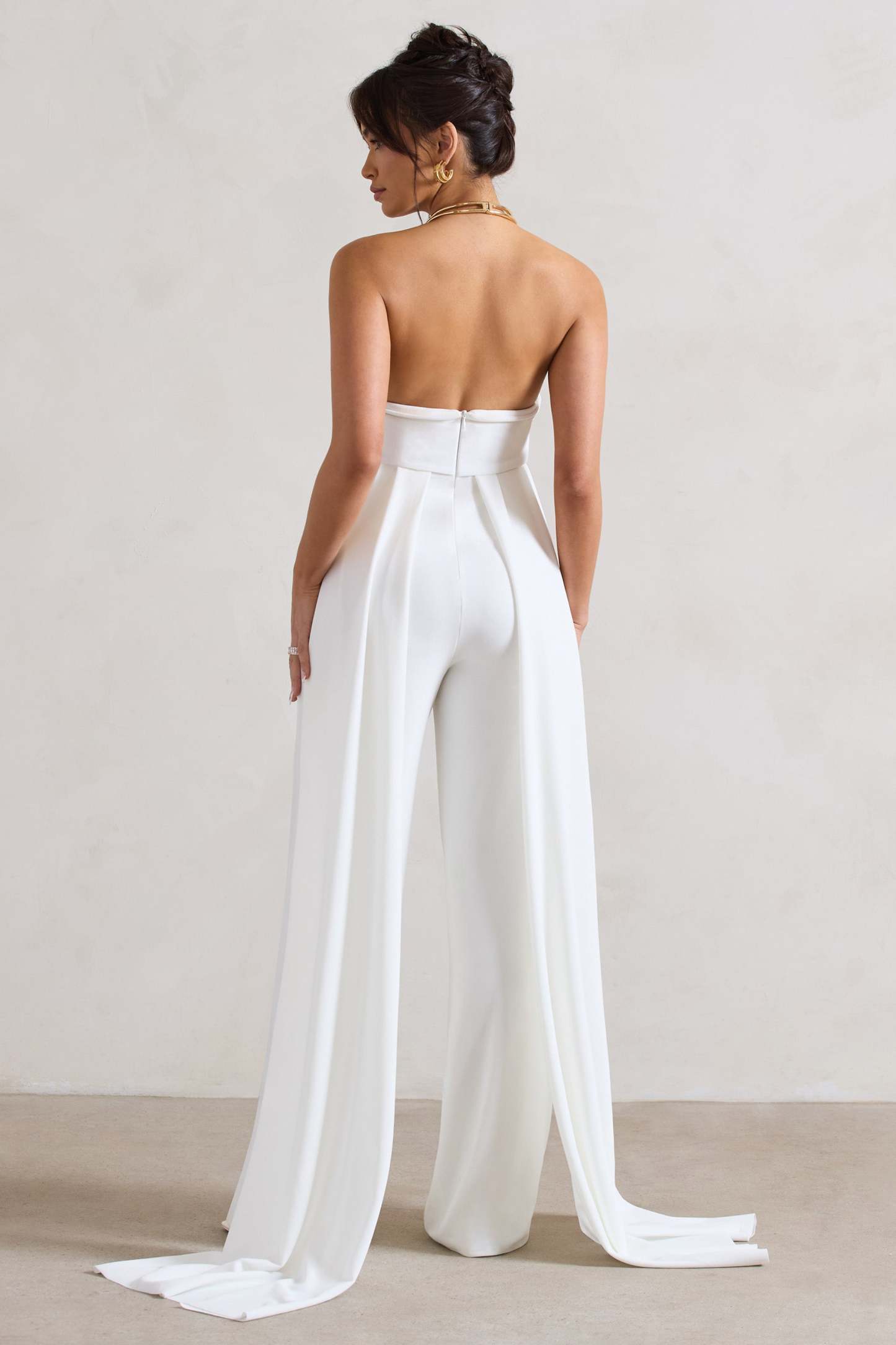 Amaya White Bandeau Wide-Leg Jumpsuit With Cape-Fashionmomo.All Rights Reserved