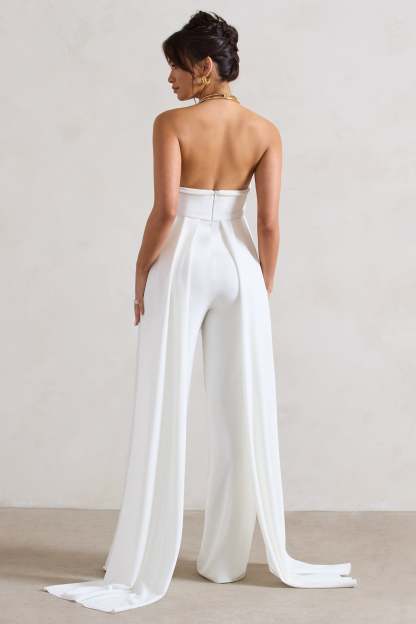 Amaya White Bandeau Wide-Leg Jumpsuit With Cape-Fashionmomo.All Rights Reserved