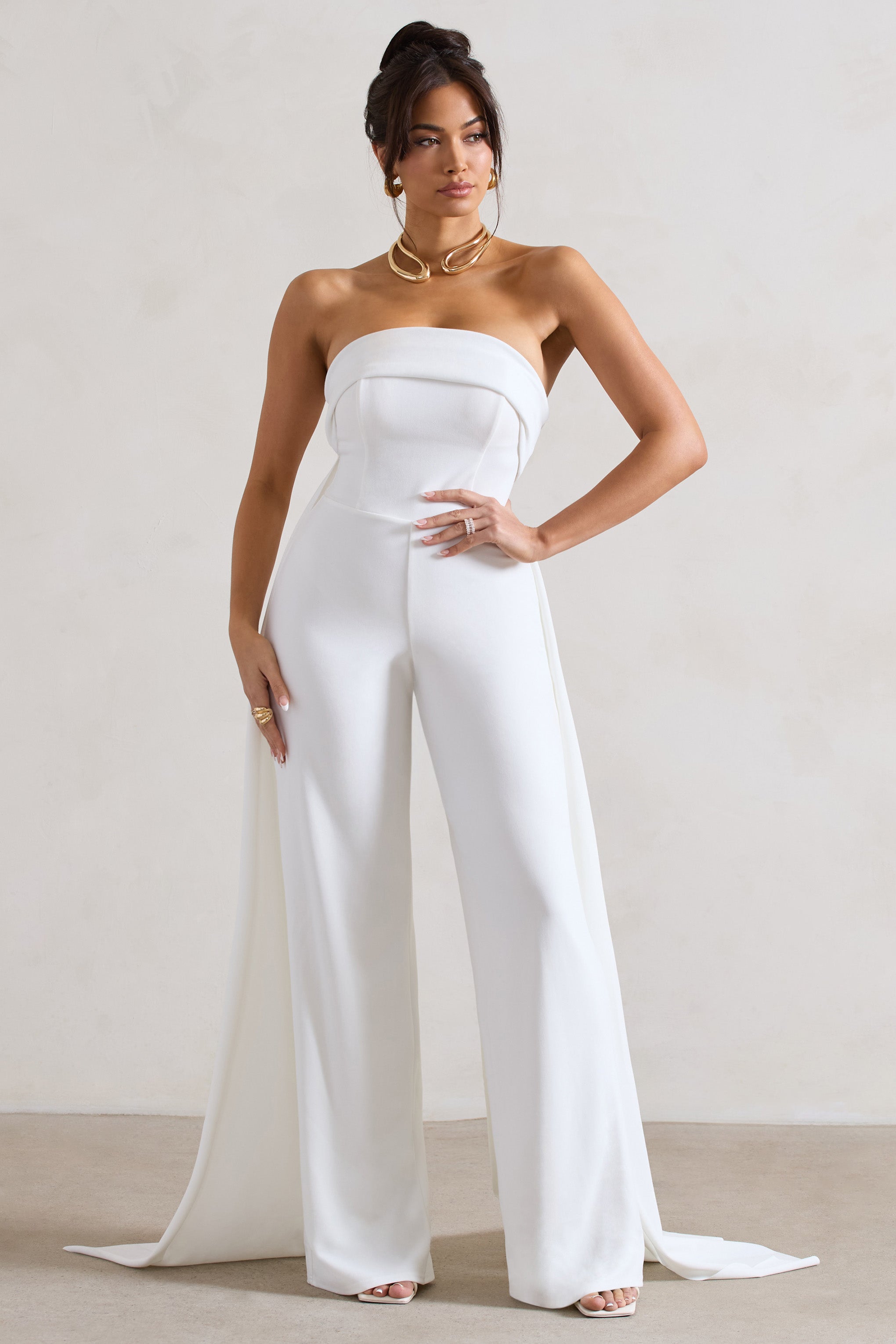 Amaya White Bandeau Wide-Leg Jumpsuit With Cape-Fashionmomo.All Rights Reserved