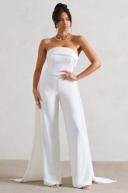 Amaya White Bandeau Wide-Leg Jumpsuit With Cape-Fashionmomo.All Rights Reserved