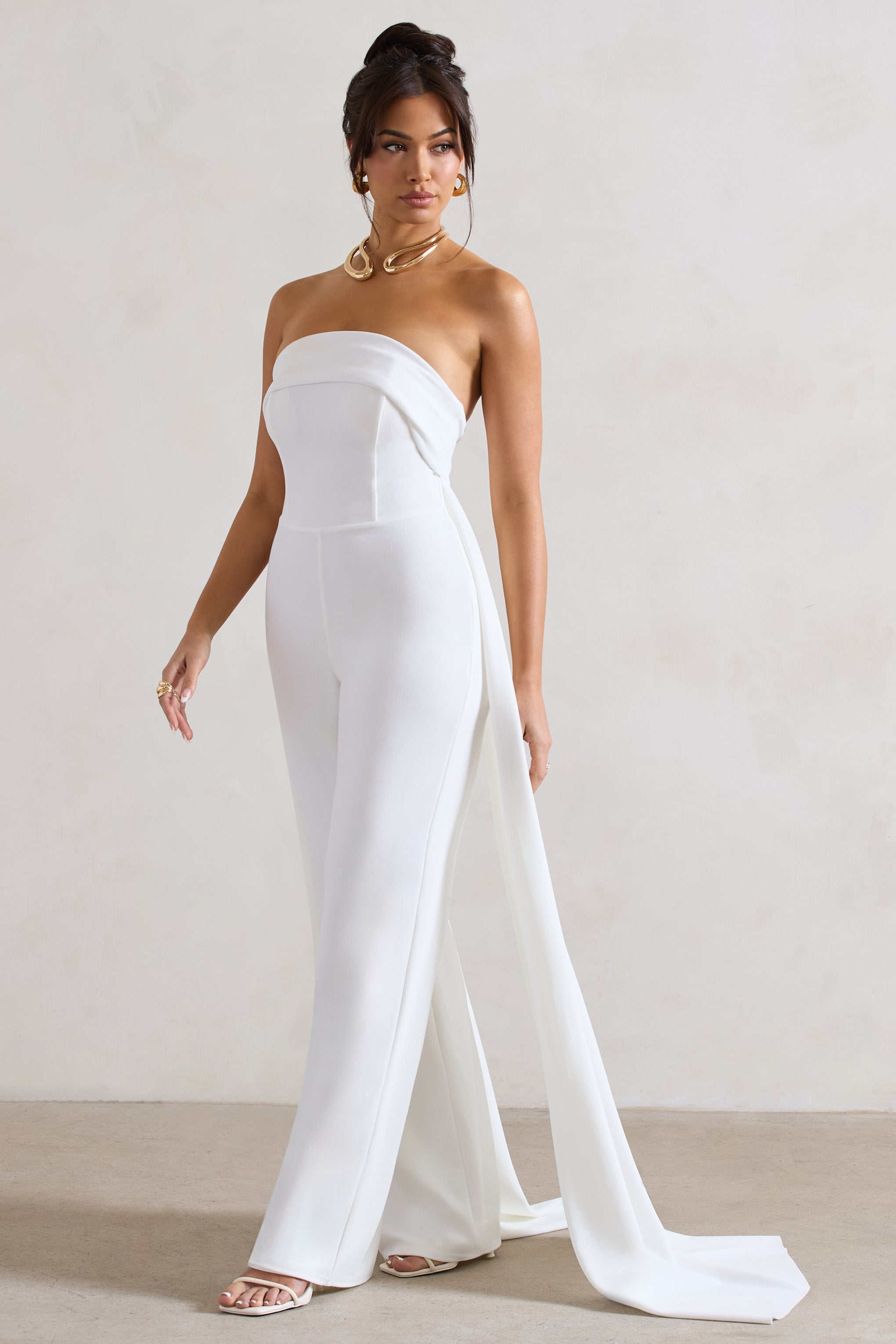Amaya White Bandeau Wide-Leg Jumpsuit With Cape-Fashionmomo.All Rights Reserved
