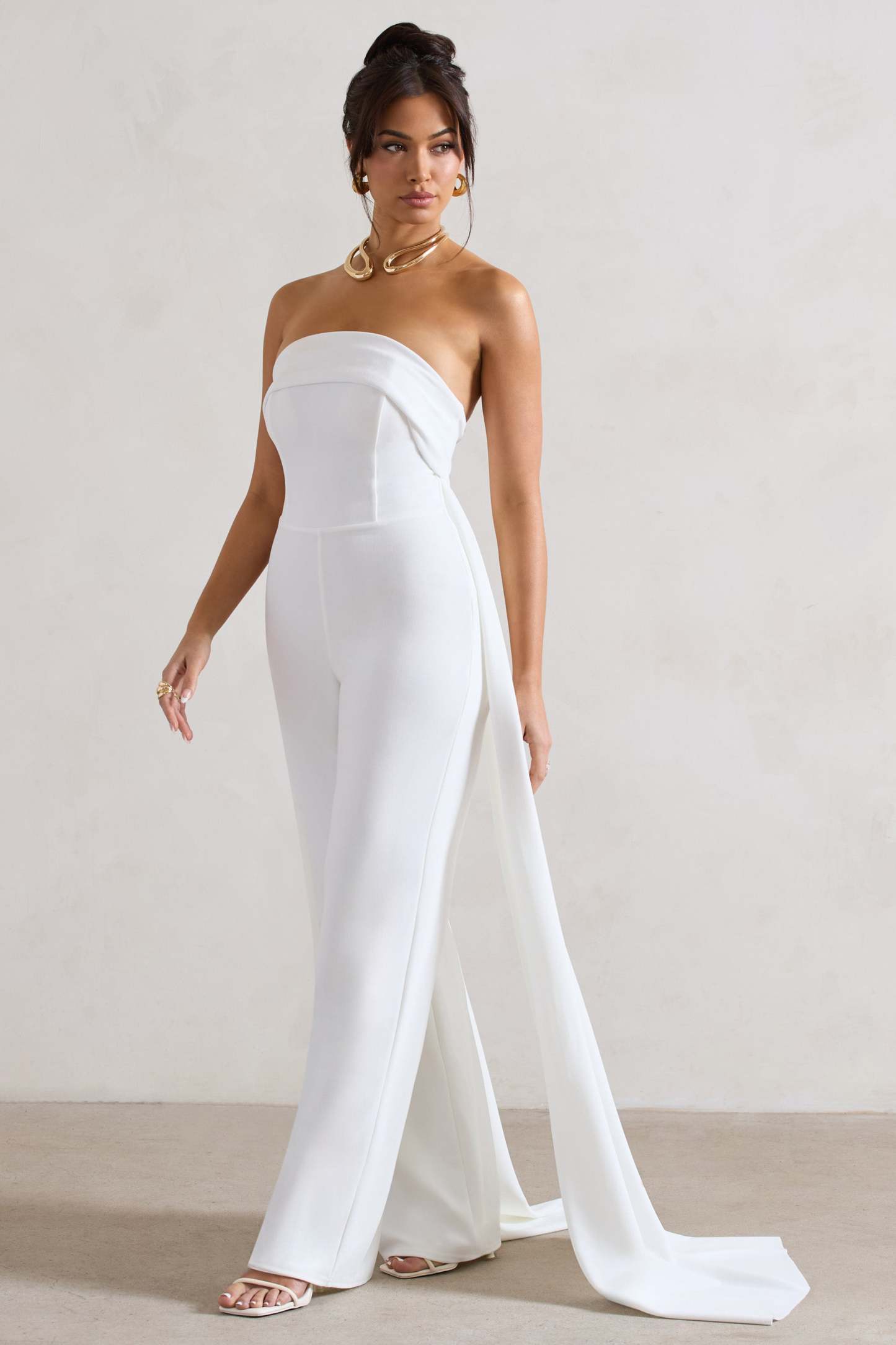 Amaya White Bandeau Wide-Leg Jumpsuit With Cape-Fashionmomo.All Rights Reserved