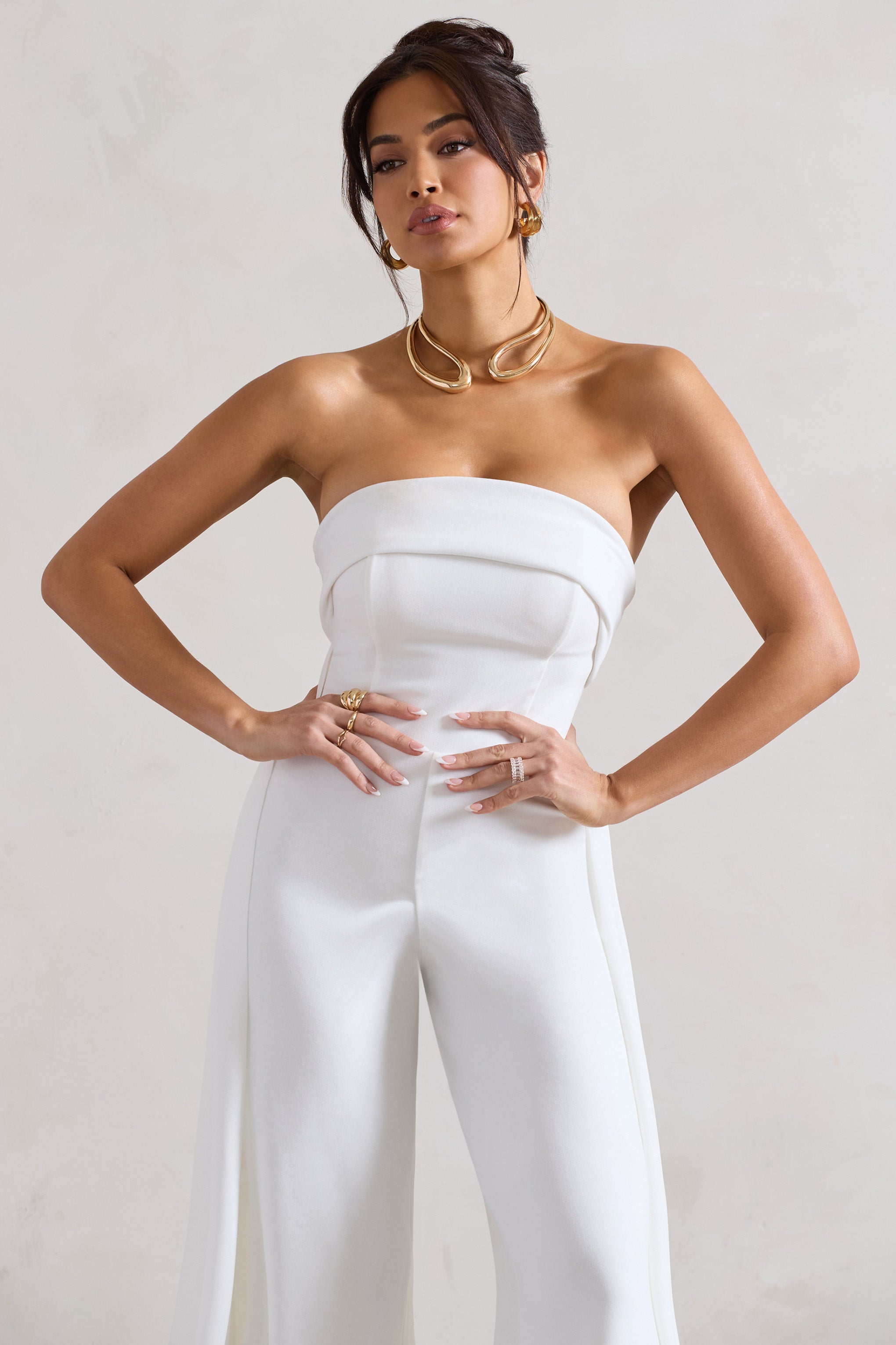 Amaya White Bandeau Wide-Leg Jumpsuit With Cape-Fashionmomo.All Rights Reserved