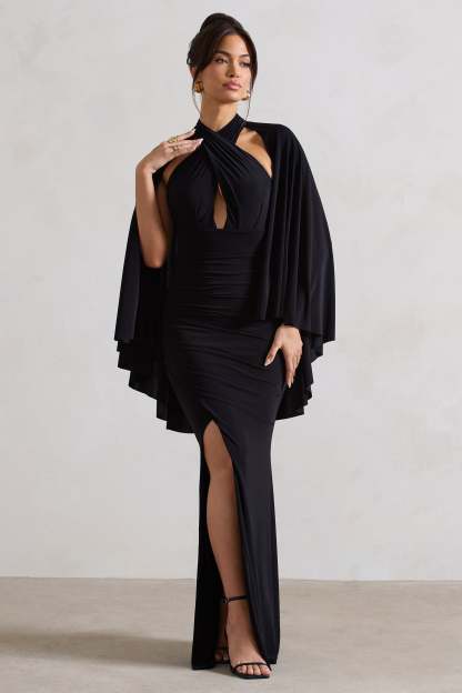 Audrina Black Ruched Halter-Neck Split Maxi Dress With Cape-Fashionmomo.All Rights Reserved