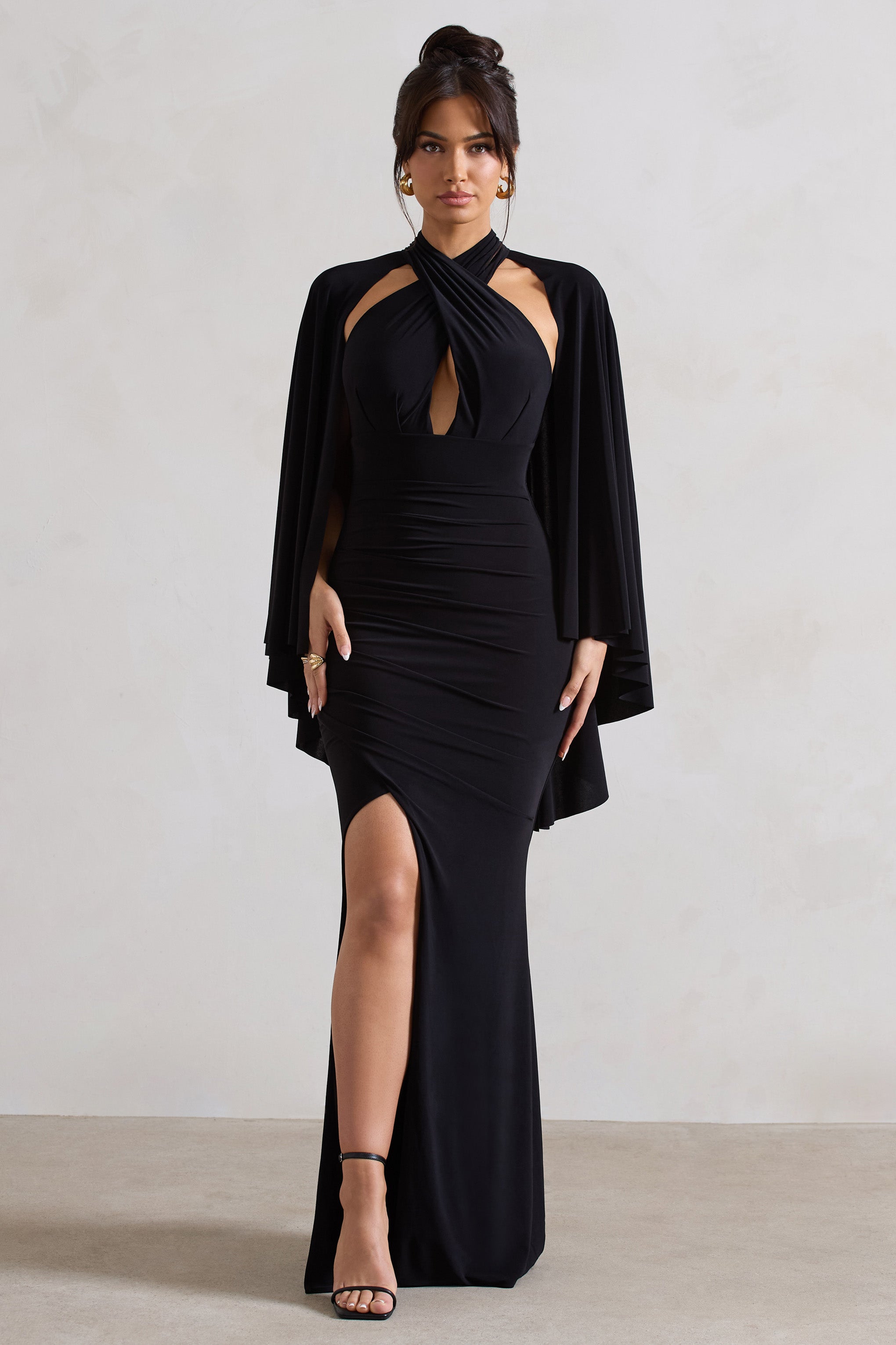 Audrina Black Ruched Halter-Neck Split Maxi Dress With Cape-Fashionmomo.All Rights Reserved