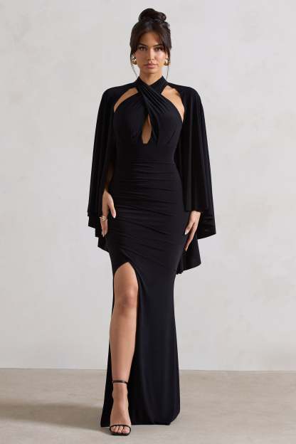 Audrina Black Ruched Halter-Neck Split Maxi Dress With Cape-Fashionmomo.All Rights Reserved