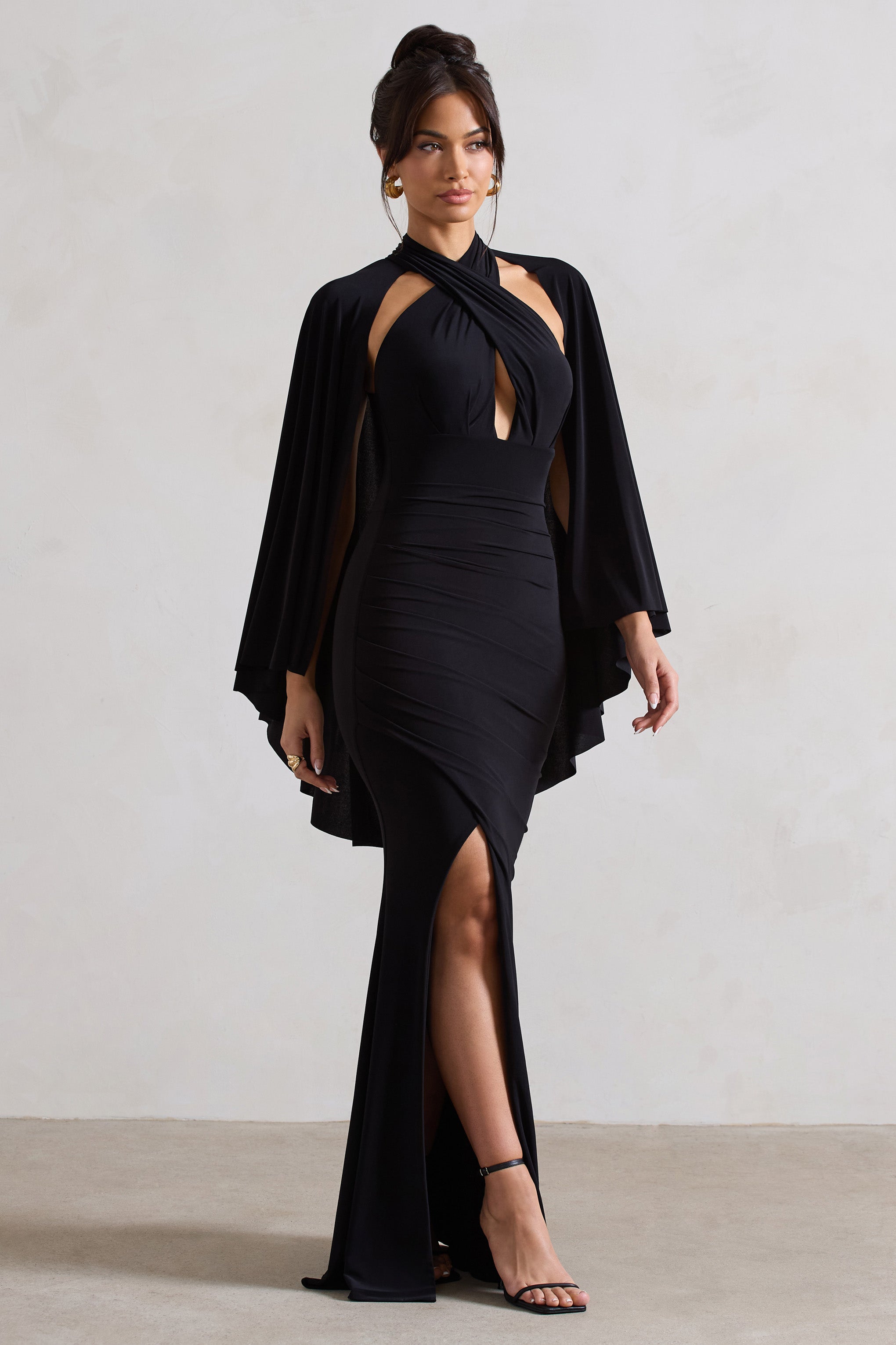 Audrina Black Ruched Halter-Neck Split Maxi Dress With Cape-Fashionmomo.All Rights Reserved