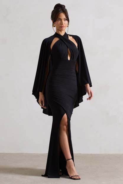 Audrina Black Ruched Halter-Neck Split Maxi Dress With Cape-Fashionmomo.All Rights Reserved