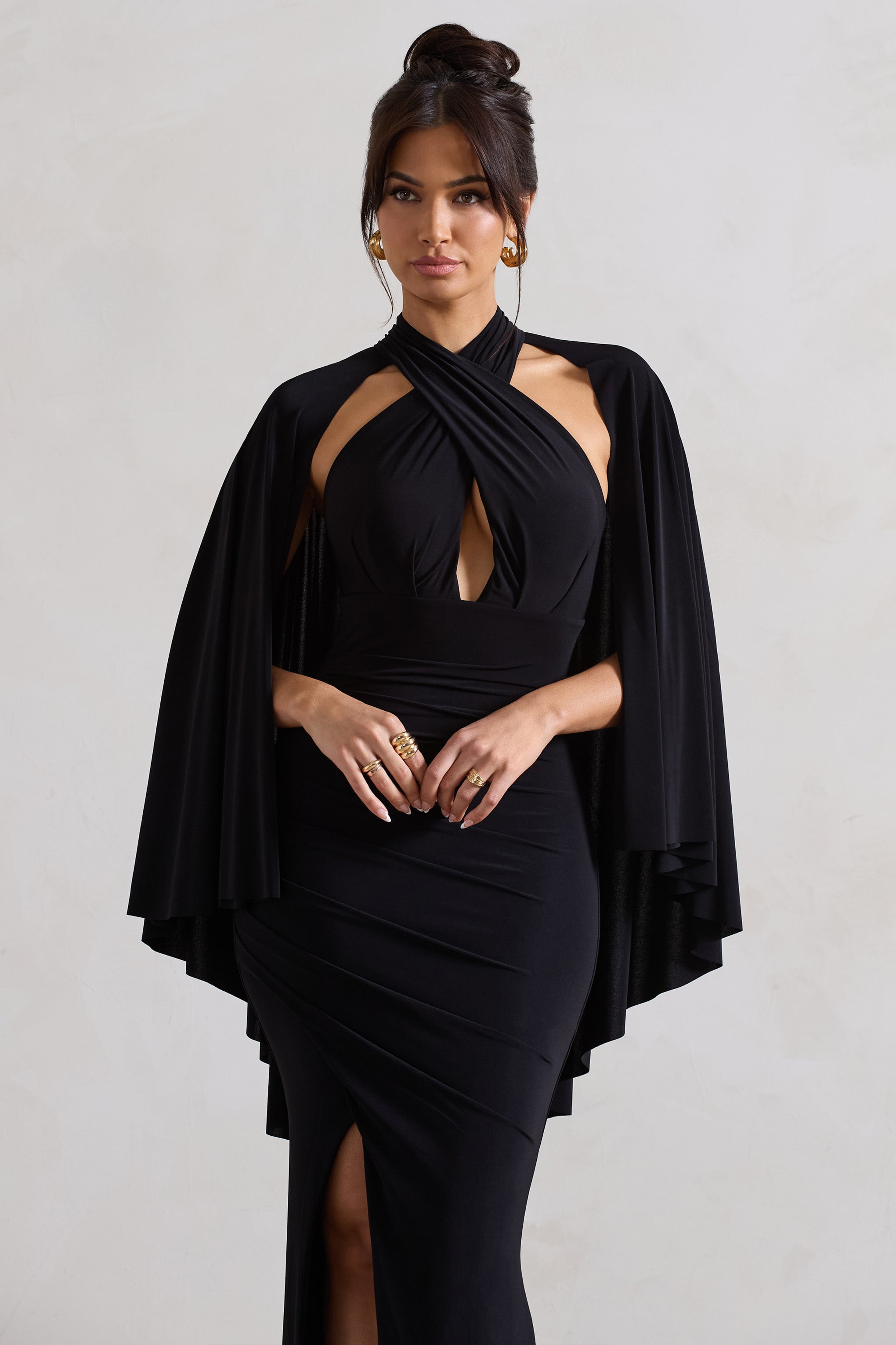 Audrina Black Ruched Halter-Neck Split Maxi Dress With Cape-Fashionmomo.All Rights Reserved