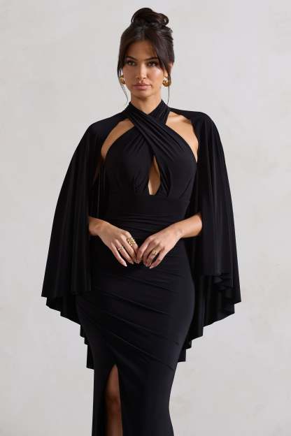 Audrina Black Ruched Halter-Neck Split Maxi Dress With Cape-Fashionmomo.All Rights Reserved