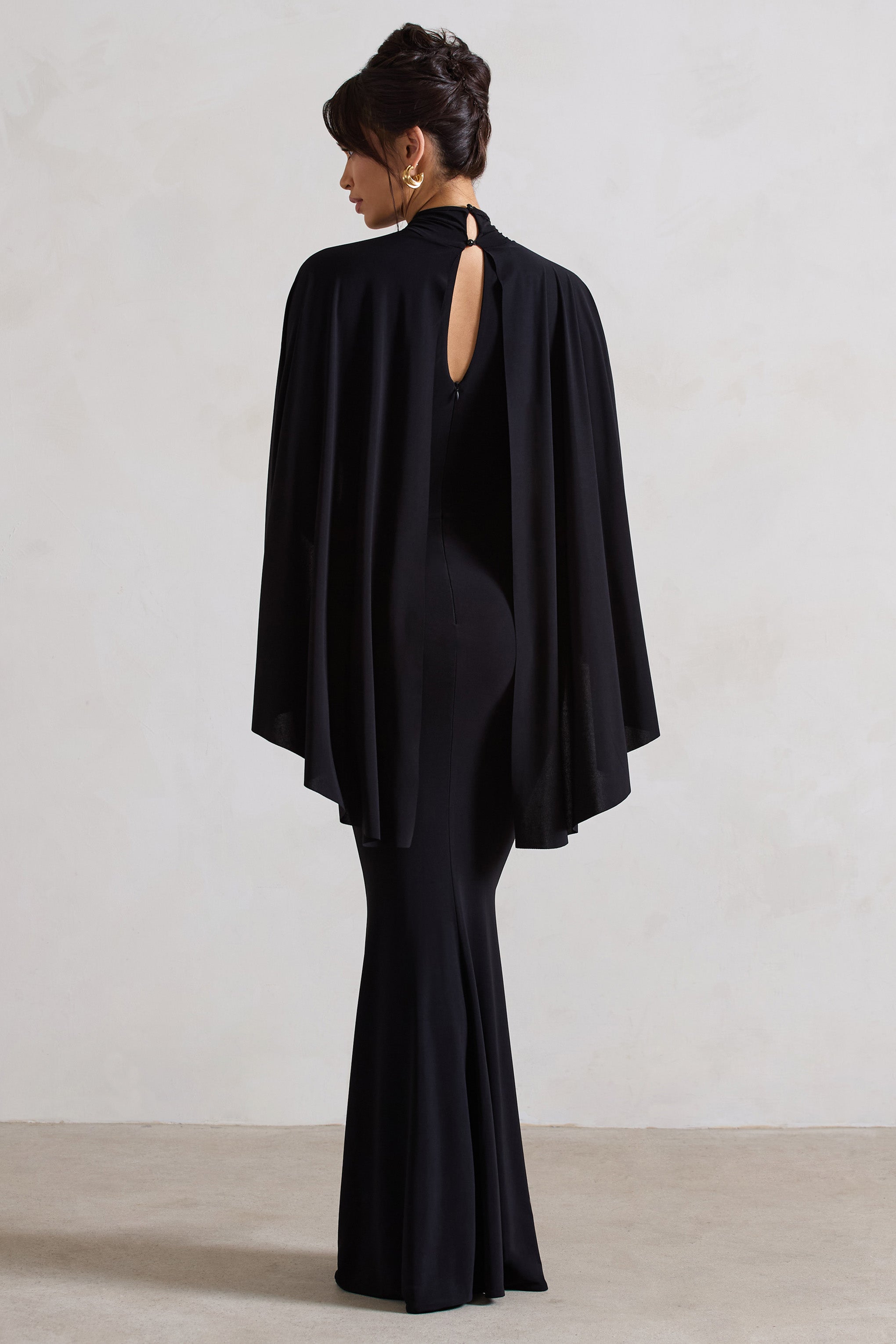 Audrina Black Ruched Halter-Neck Split Maxi Dress With Cape-Fashionmomo.All Rights Reserved